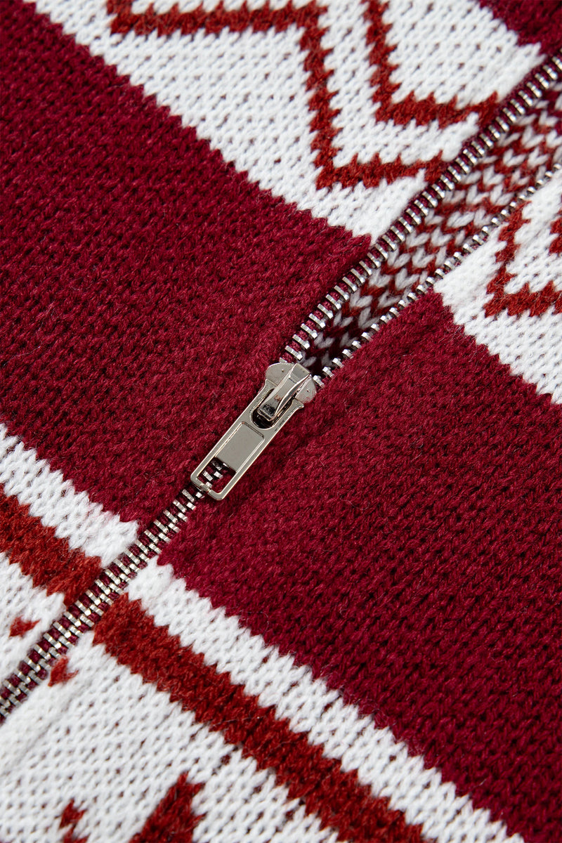 Load image into Gallery viewer, DLLS831 - Ladies Red Geometric Pattern Zip-Up Knit Long Sleeve Regular Fit Cardigan
