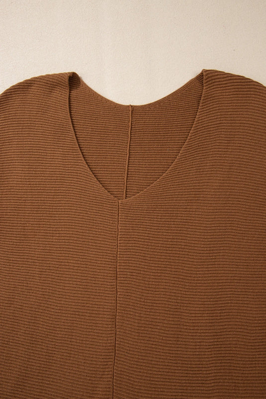 DLLS136 - Ladies Camel Ribbed Knit Drop Sleeve V Neck Loose Fit Sweater