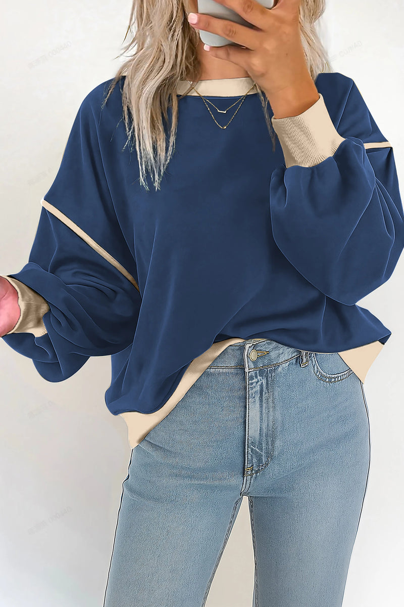 Load image into Gallery viewer, DLLS1125 - Ladies Navy Blue Colorblock Drop Shoulder Pullover Sweatshirt
