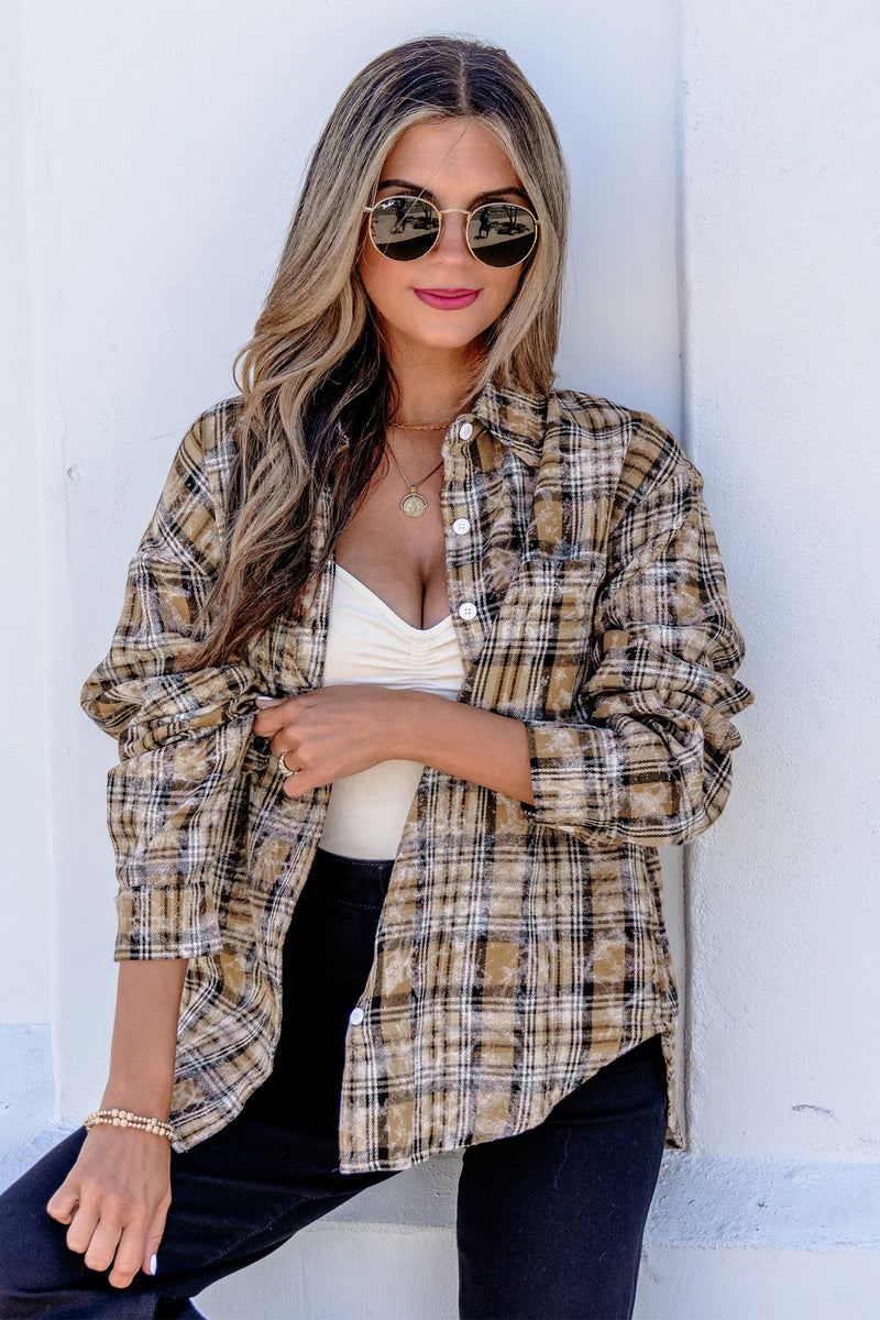 Load image into Gallery viewer, DLLS793 - Ladies Brown Retro Plaid Long Sleeve Button Down Shirt
