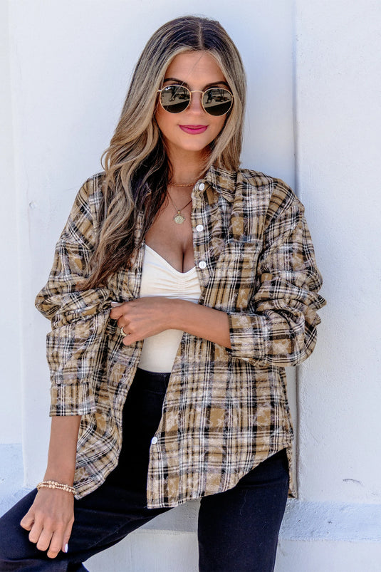 DLLS793 - Ladies Brown Retro Plaid Long Sleeve Button Down Shirt