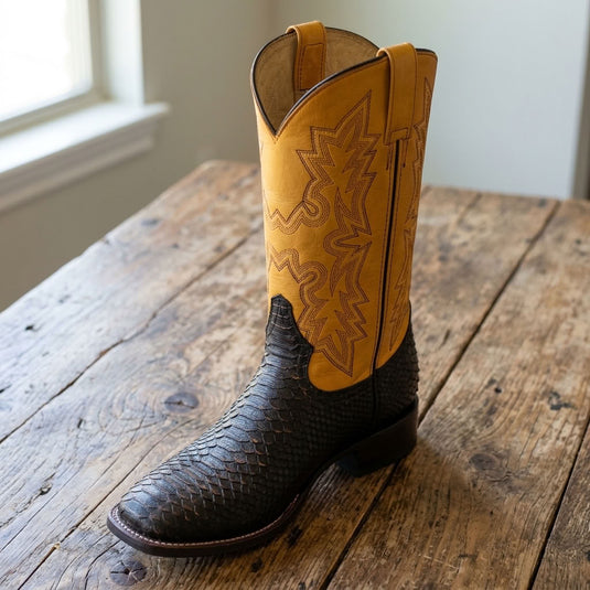 CP5007 - Cowboy Prayer Black Python Print W/Yellow Underlay Western Boot