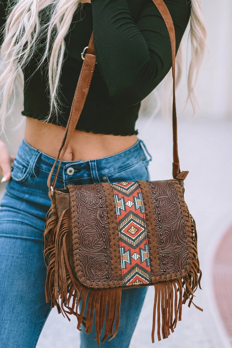Load image into Gallery viewer, DLLPURSE 1 - Ladies Coffee Western Aztec Bohemian Tassel PU Leather Bag
