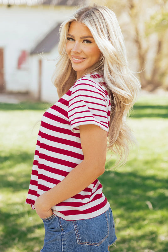 DLLS634 - Ladies Red Stripe Patchwork Round Neck T Shirt