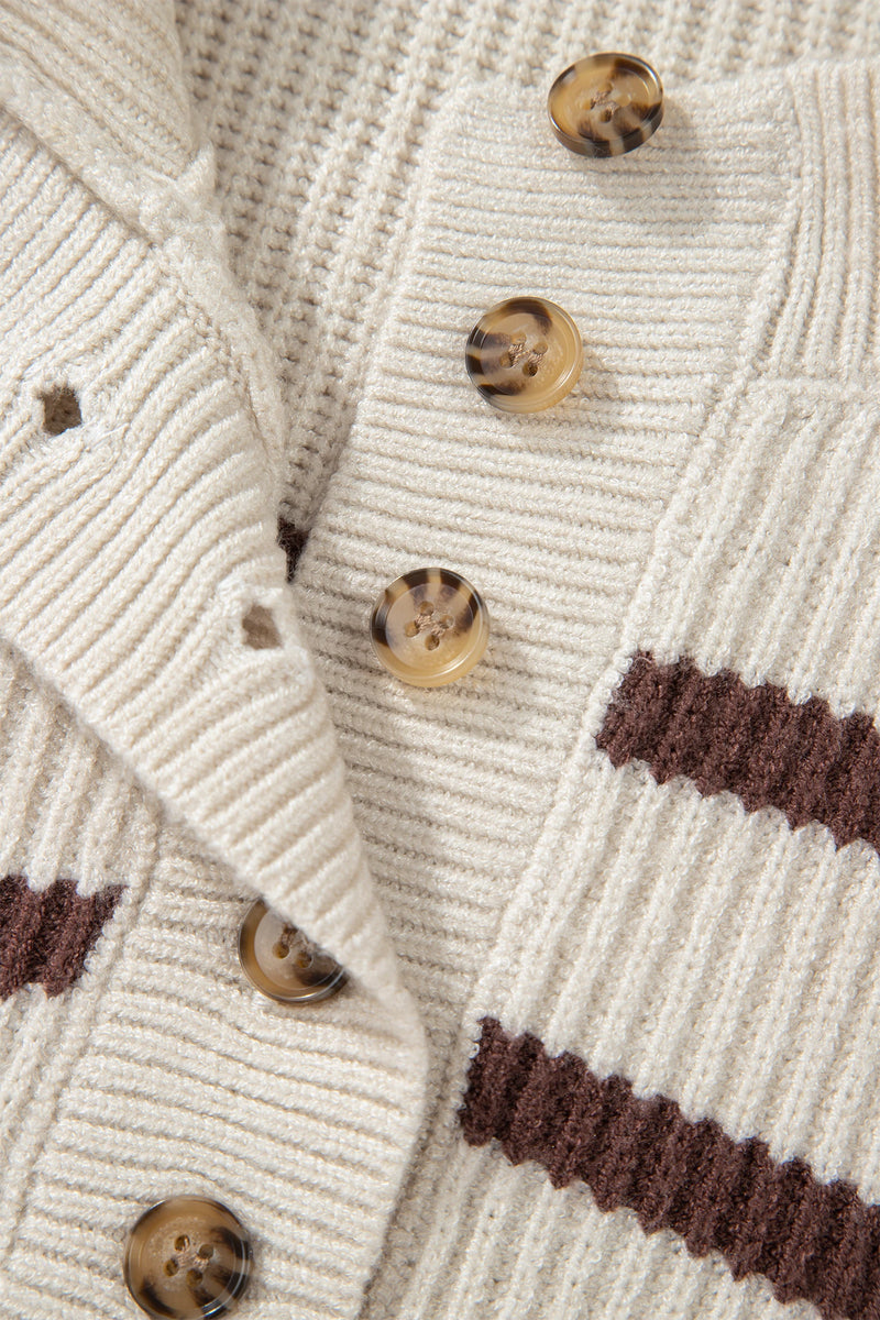 Load image into Gallery viewer, DLLS227 - Ladies Brown Stripe Ribbed Henley Drop Shoulder Slouchy Sweater
