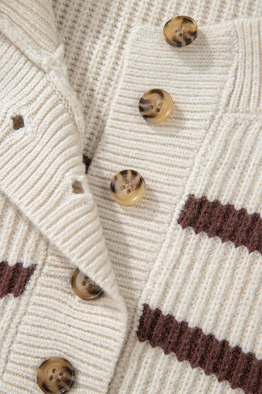 DLLS227 - Ladies Brown Stripe Ribbed Henley Drop Shoulder Slouchy Sweater