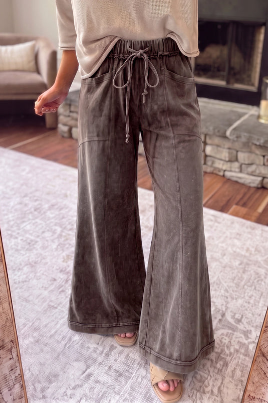 DLLS1142 - Ladies Coffee Mineral Wash Seam Detail Flare Leg Drawstring Pants