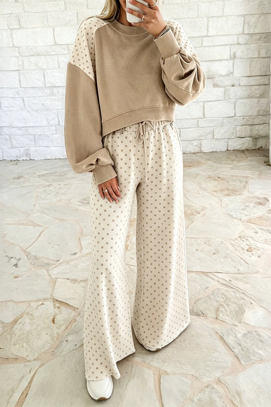 DLLS965 - Ladies Khaki Polka Dot Colorblock Long Sleeve Casual Two Piece Pants Set