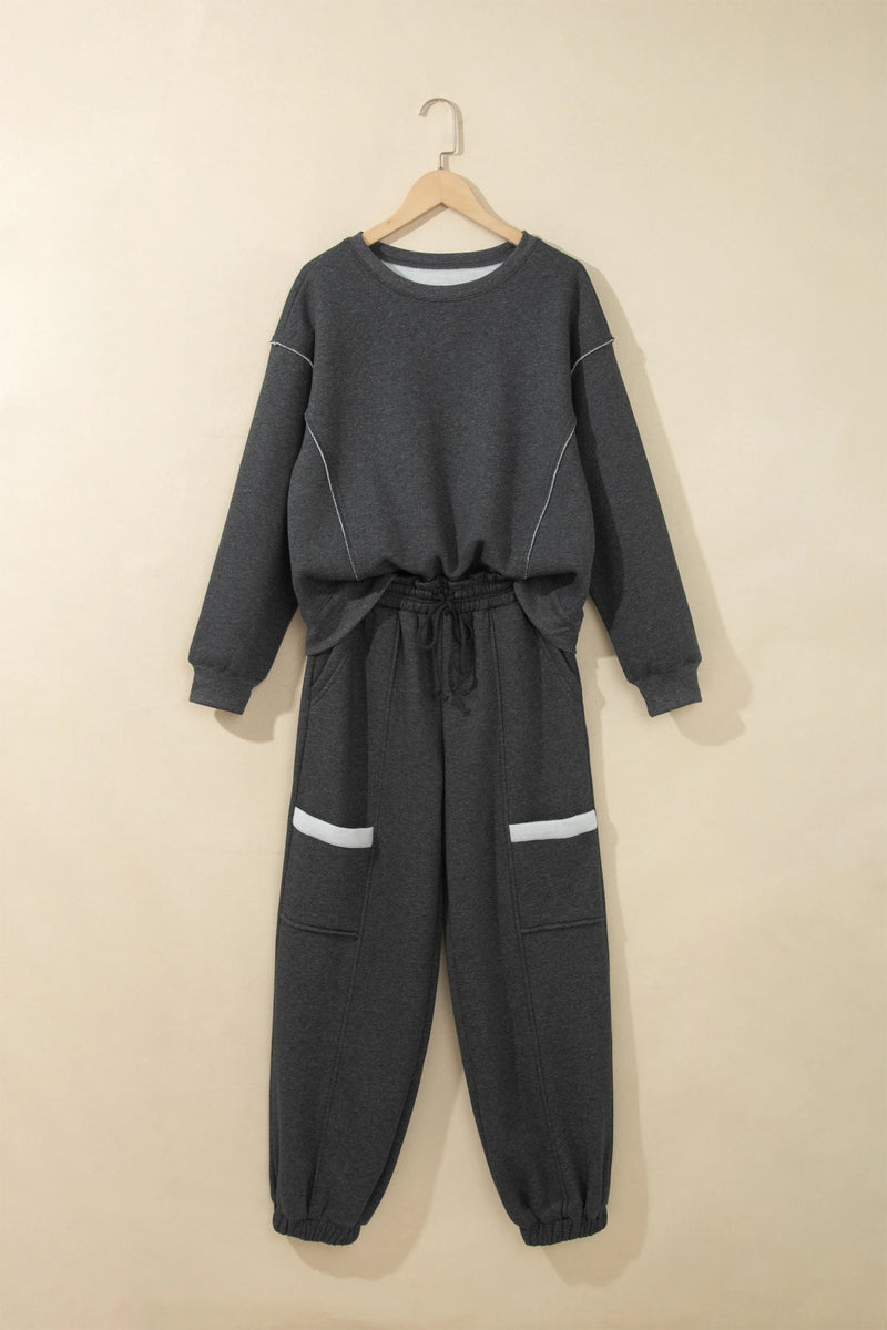 Load image into Gallery viewer, DLLS1084 - Ladies Carbon Grey Solid Colorblock Jogger Pants Set
