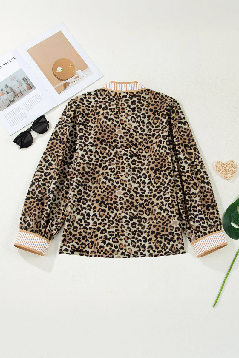 Load image into Gallery viewer, DLLS356 - Ladies Khaki Contrast Striped Trim V Neck Leopard Shirt
