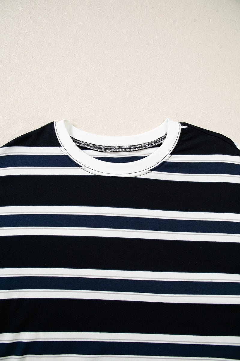 Load image into Gallery viewer, DLLS968 - Ladies Blue Stripe Ribbed Color Block Trim Round Neck Dropped Shoulder Sweatshirt
