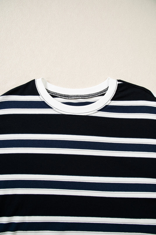 DLLS968 - Ladies Blue Stripe Ribbed Color Block Trim Round Neck Dropped Shoulder Sweatshirt