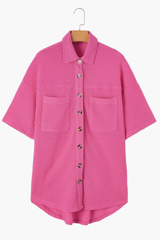 DLLS545 - Ladies Bright Pink Waffle Textured Knit Button Down Short Sleeve Shacket