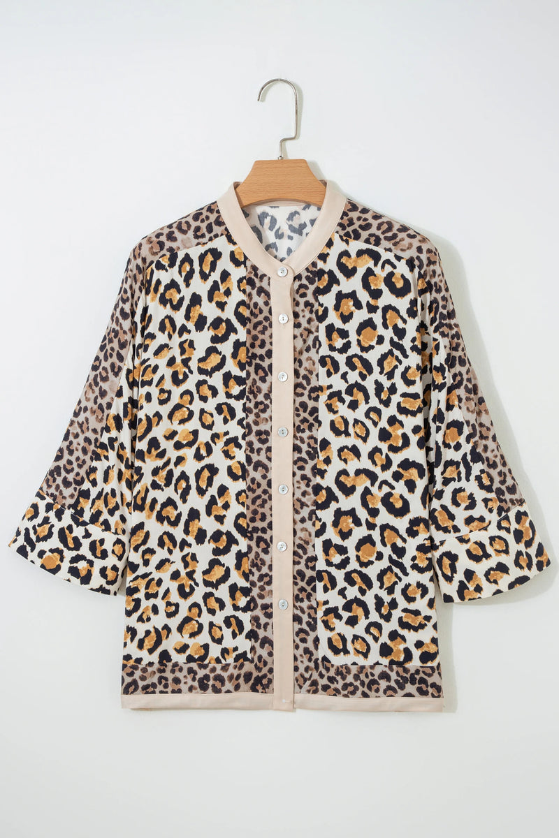 Load image into Gallery viewer, DLLS379- Ladies Khaki Mixed Leopard Patchwork 3/4 Sleeve Loose Shirt
