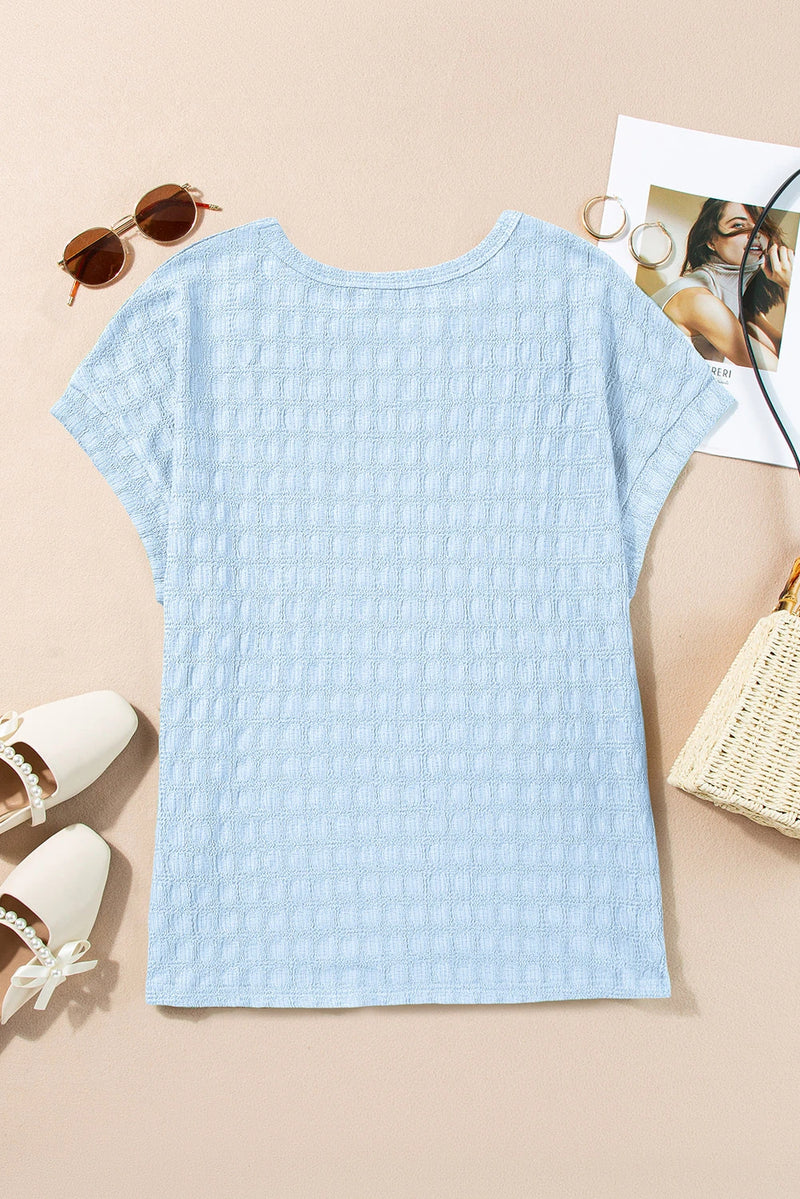 Load image into Gallery viewer, DLLS478 - Ladies Sky Blue Solid Color Textured Batwing Sleeve Tee
