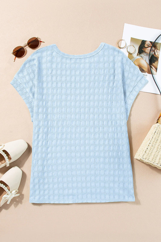 DLLS478 - Ladies Sky Blue Solid Color Textured Batwing Sleeve Tee
