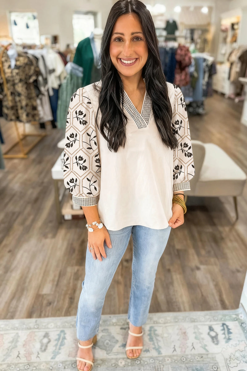 Load image into Gallery viewer, DLLS372- Ladies White Floral Puff Sleeve Contrast V Neck Patchwork Blouse
