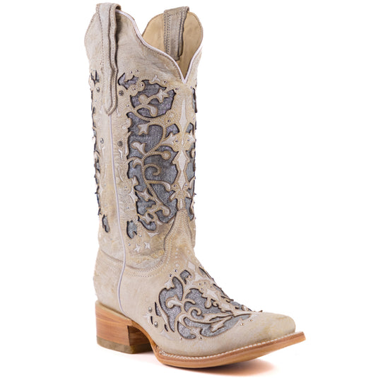 2810 - RockinLeather Women's Iser White Square Toe Western Boot w/ Silver Inlays