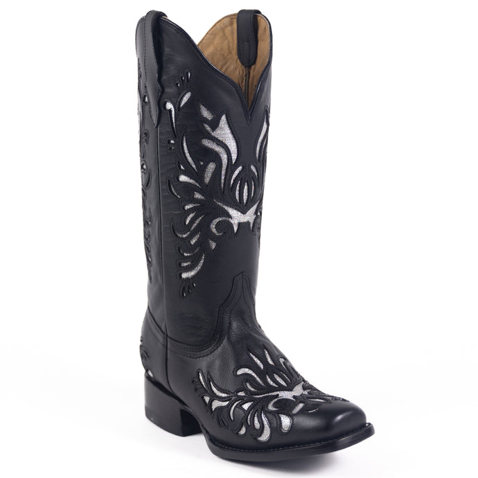 2812 - RockinLeather Women's Black Square Toe Western Boot w/ Silver Inlays