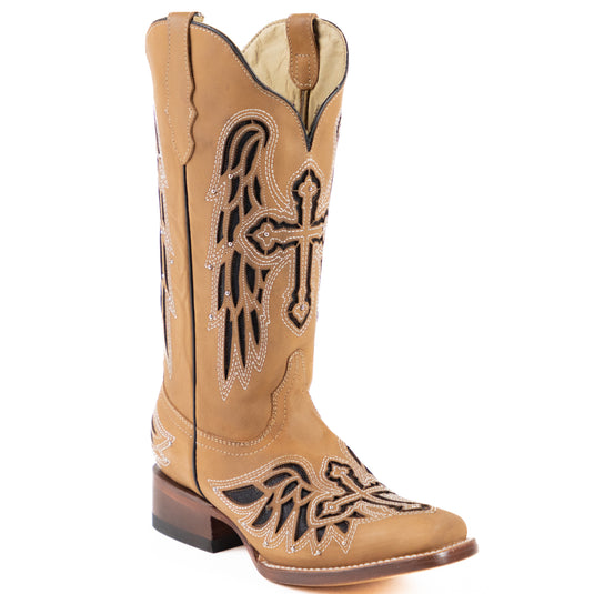 2818 - RockinLeather Women's Crazy Tan Laser Cut Western Boot