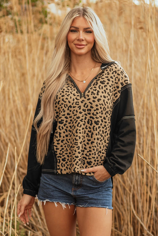 DLLS196 - Ladies Brown Leopard Patchwork Contrast Stitching Knotted Cuff Quarter Zip Hoodie