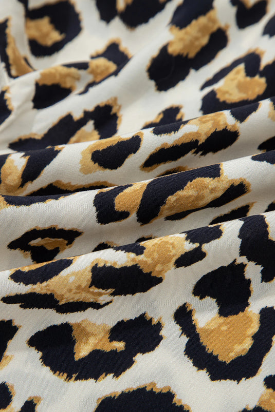 DLLS379- Ladies Khaki Mixed Leopard Patchwork 3/4 Sleeve Loose Shirt