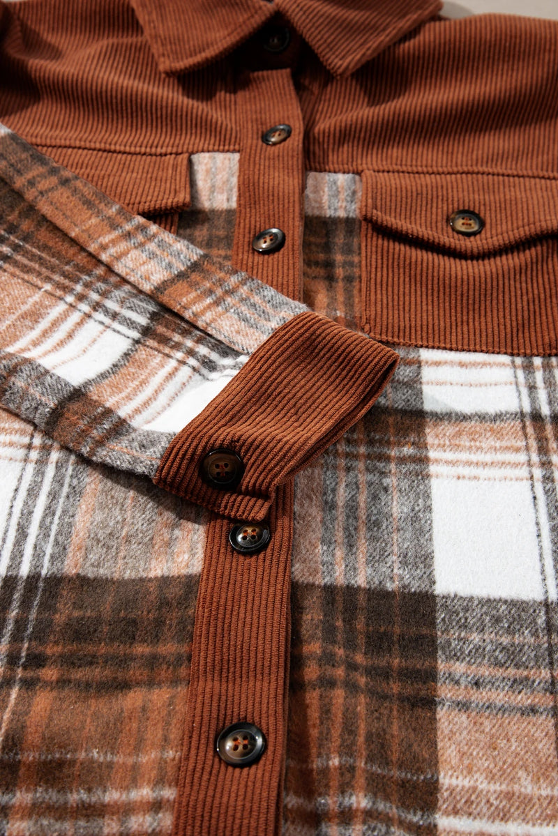 Load image into Gallery viewer, DLLS311 - Ladies Cinnamon Plaid Corduroy Patchwork Chest Pocket Shacket

