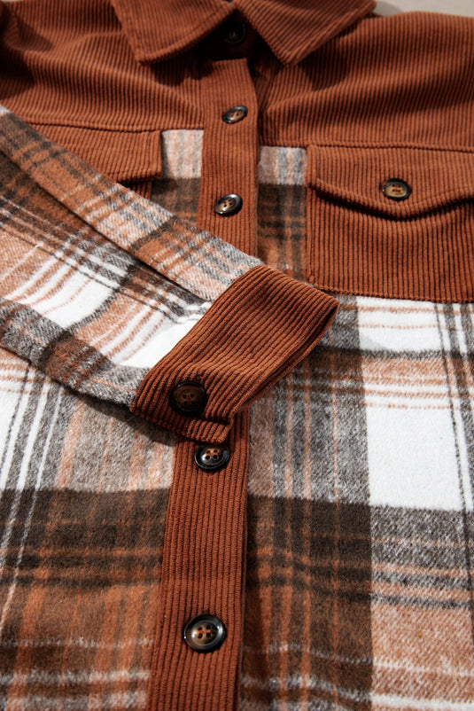 DLLS311 - Ladies Cinnamon Plaid Corduroy Patchwork Chest Pocket Shacket
