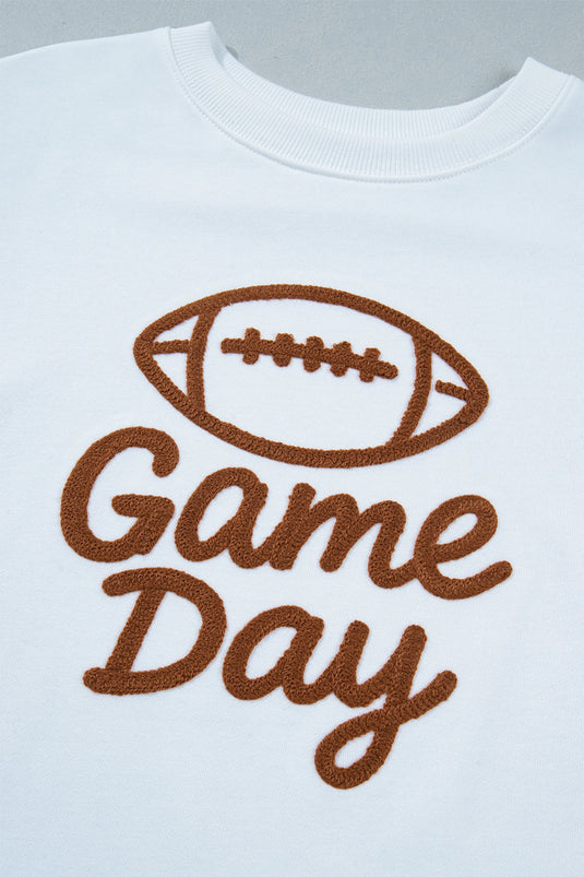 DLLS780 - Ladies White Embroidered Game Day Rugby Pattern Crewneck Sweatshirt