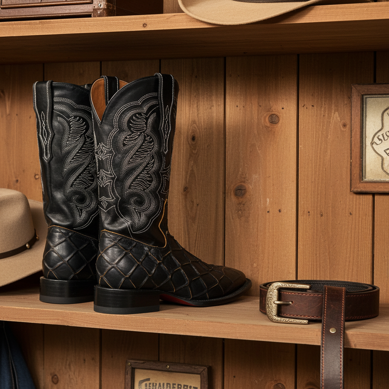 Load image into Gallery viewer, CP1702 - Cowboy Prayer Pirarucu Print w/Yellow Underlay Cowboy Boots
