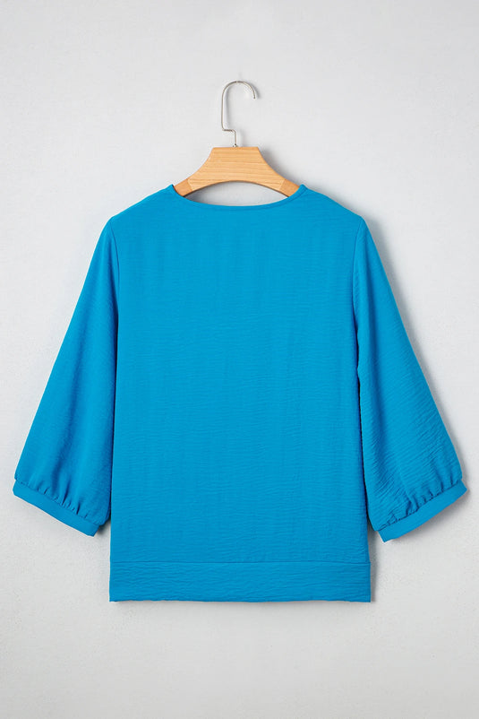 DLLS324 - Ladies Sky Blue Frilled V Neckline Bracelet Sleeve Crinkled Blouse