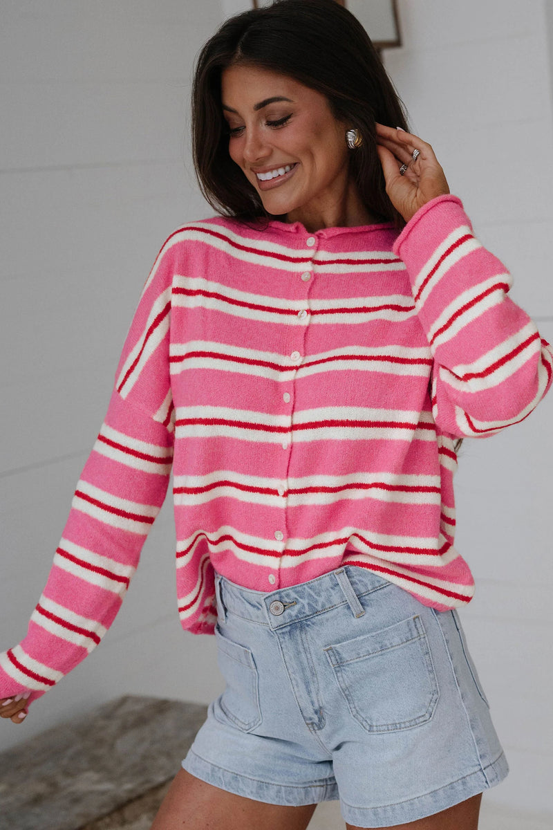 Load image into Gallery viewer, DLLS823 - Ladies Pink Stripe Striped Drop Shoulder Button Cardigan
