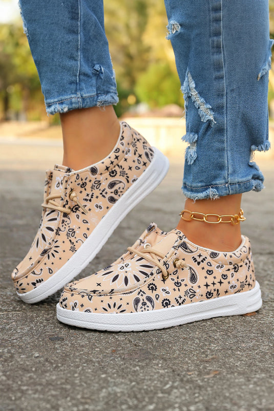 DLLSHOE 164 - Khaki Boho Floral Print Lace-up Detail Canvas Flat Shoes