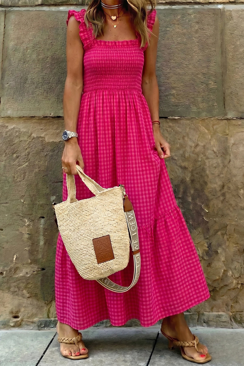 Load image into Gallery viewer, DLLS629 - Ladies Red Plaid Square Neck Fit-and-flared Vacation Sundress
