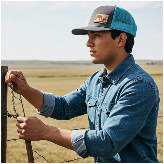 CP104 - Cowboy Prayer Leather Patch Charcoal/Neon Blue Cap