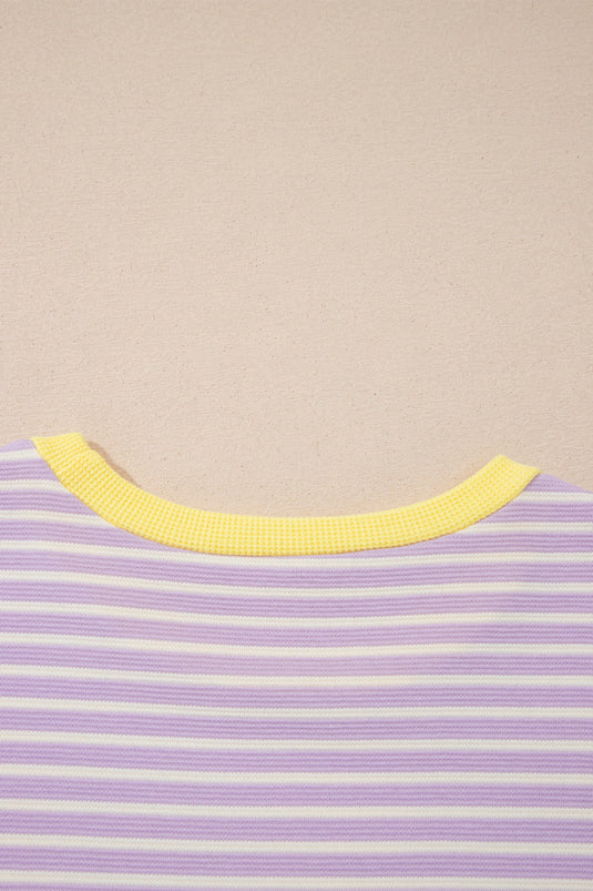 DLLS699 - Ladies Purple Striped Colorblock Paneling Collar Cuff Hem Texture T-Shirt