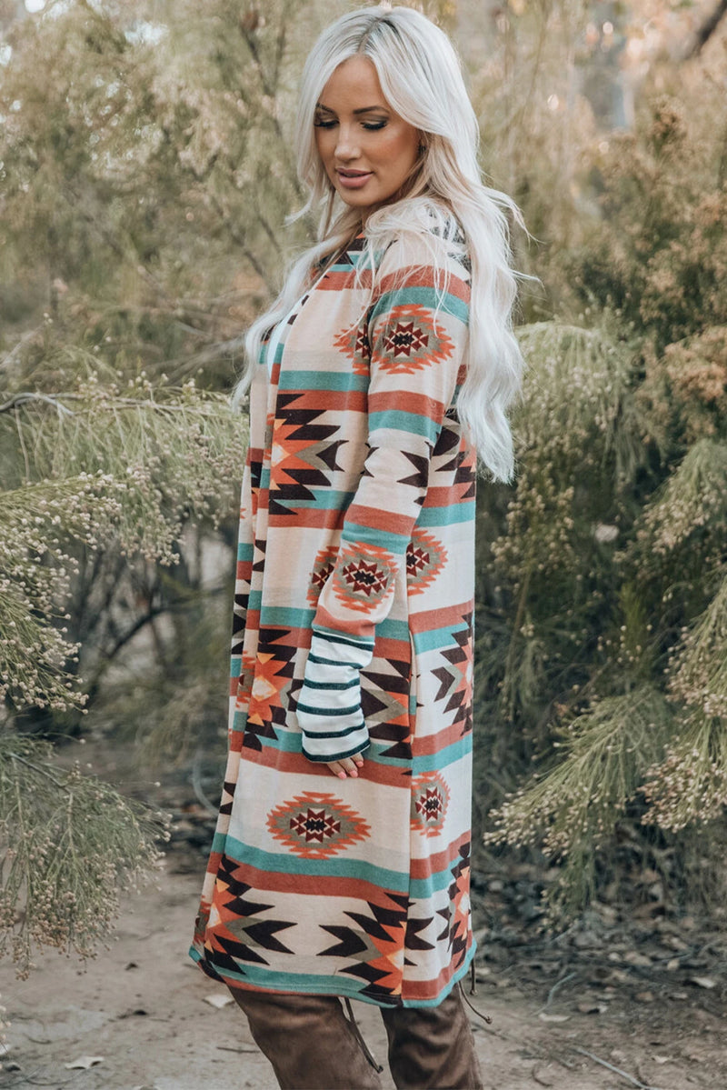 Load image into Gallery viewer, DLLS758 - Ladies Multicolor Geometric Color Block Open Front Long Cardigan
