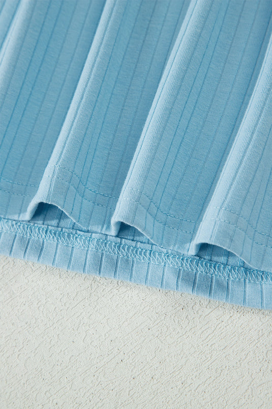 DLLS630 - Ladies Mist Blue Soft Ribbed Color Block Trim Casual Short Set