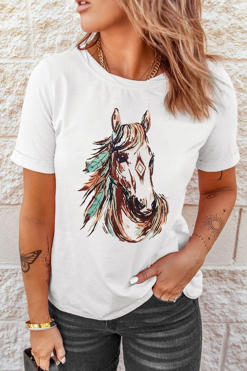 Load image into Gallery viewer, DLLS748 - Ladies White Western Aztec Horse Graphic Crewneck Tee
