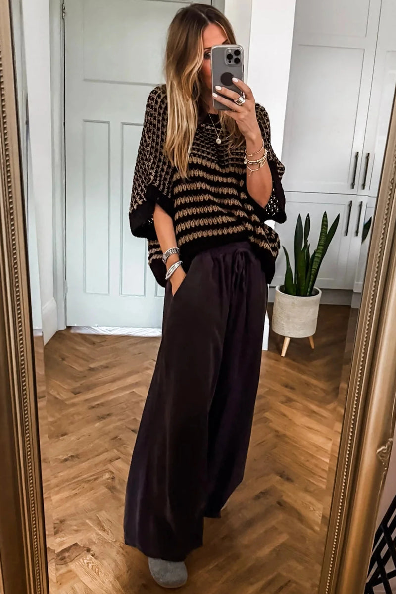 Load image into Gallery viewer, DLLS308 - Ladies Black Stripe 3/4 Draped Sleeve Slouchy Sweater
