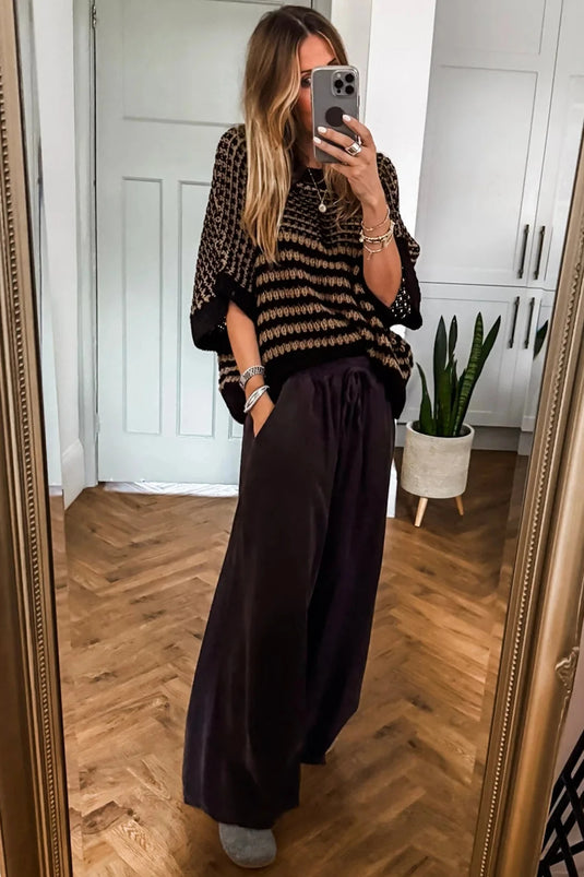 DLLS308 - Ladies Black Stripe 3/4 Draped Sleeve Slouchy Sweater