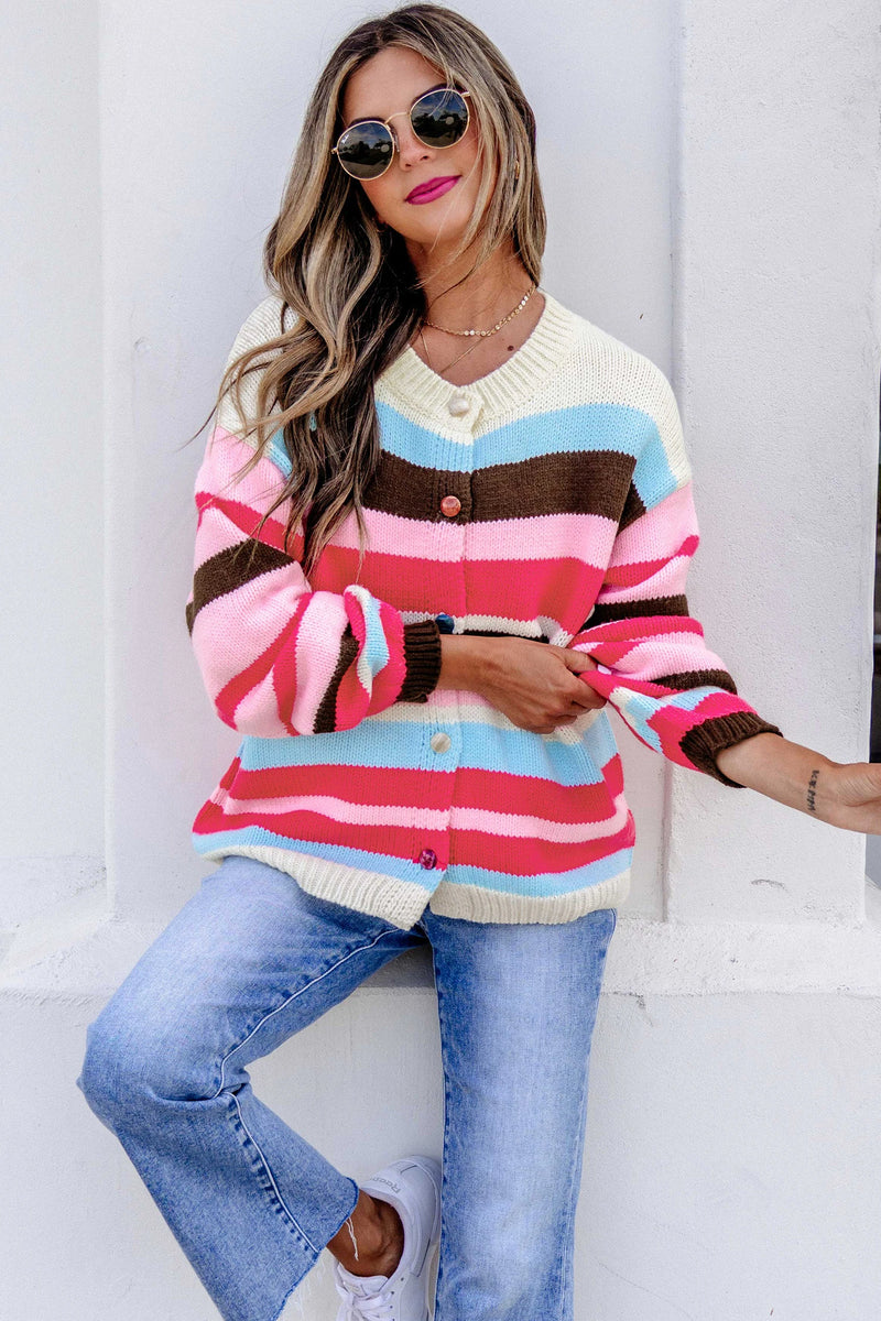 Load image into Gallery viewer, DLLS862 - Ladies Pink Stripe Striped Colorblock Drop Shoulder Cardigan
