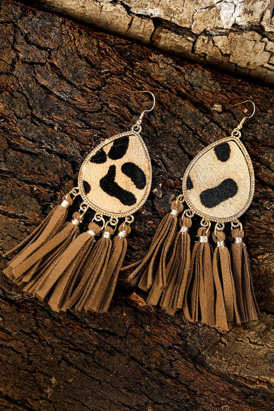 DLLER 17 - Honey Gold Boho Leopard Print Tasseled Hook Earrings