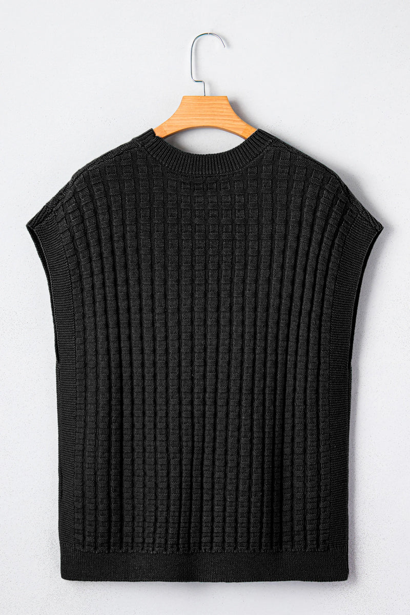 Load image into Gallery viewer, DLLS487 - Ladies Black Solid Color Round Neck Textured Short Sleeve Sweater

