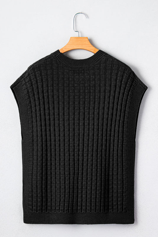 DLLS487 - Ladies Black Solid Color Round Neck Textured Short Sleeve Sweater