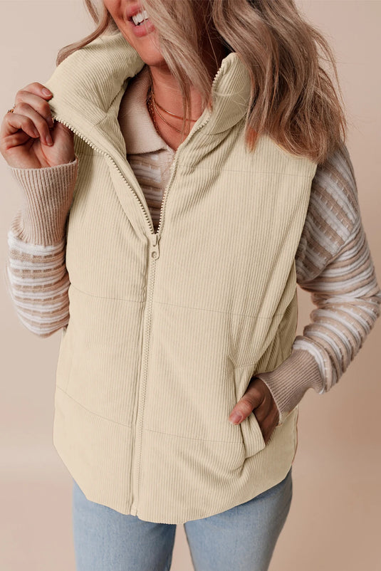 DLLS256 - Ladies Beige Corduroy Stand Neck Zipped Puffer Vest