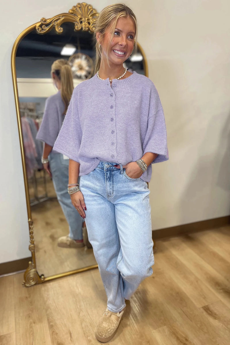 Load image into Gallery viewer, DLLS418 - Ladies Lavendula 3/4 Sleeve Boxy Knit Button Down Sweater Cardigan
