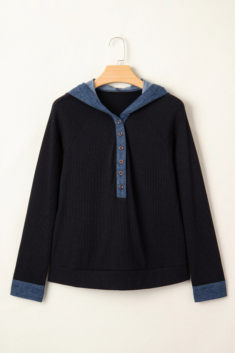 Load image into Gallery viewer, DLLS931 - Ladies Black Ribbed Knit Contrast Denim Patchwork Hooded Long Sleeve Top
