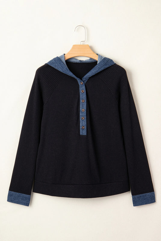 DLLS931 - Ladies Black Ribbed Knit Contrast Denim Patchwork Hooded Long Sleeve Top