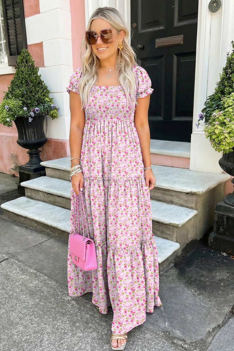 Load image into Gallery viewer, DLLS628 - Ladies Pink Floral Short Bubble Sleeve Shirred High Waist Maxi Dress
